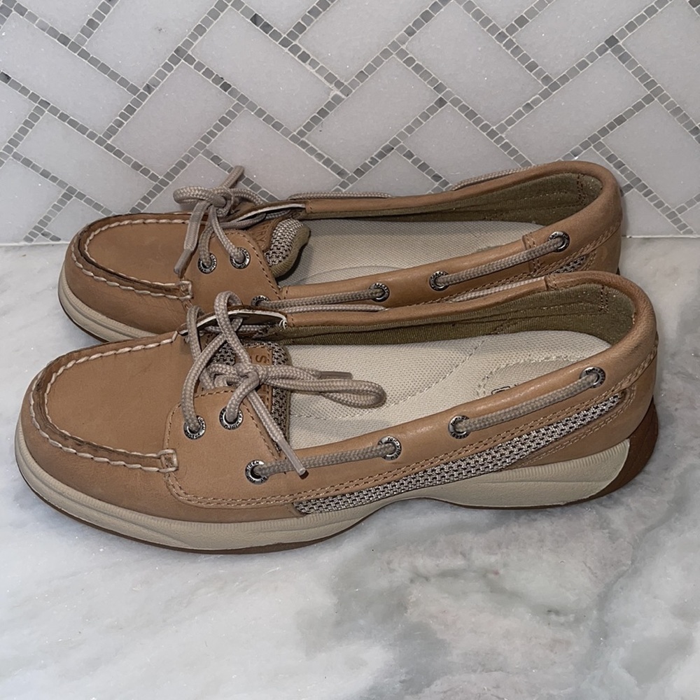 Sperry top slider, boat shoes, beige/tan, Size 7